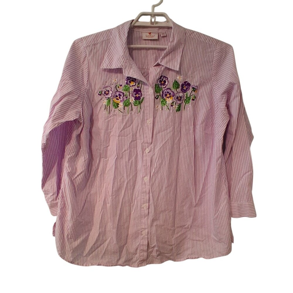 Quacker Factory top womens  1X button up striped embroidered flowers cotton